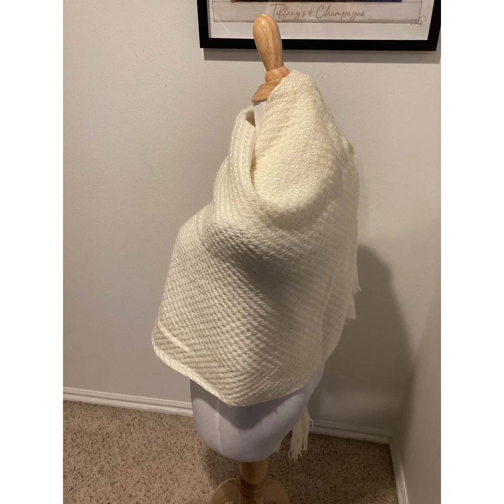 Cream Woven Shawl Scarf Fringed Tassel Textured‎ Boho Wrap Accessory